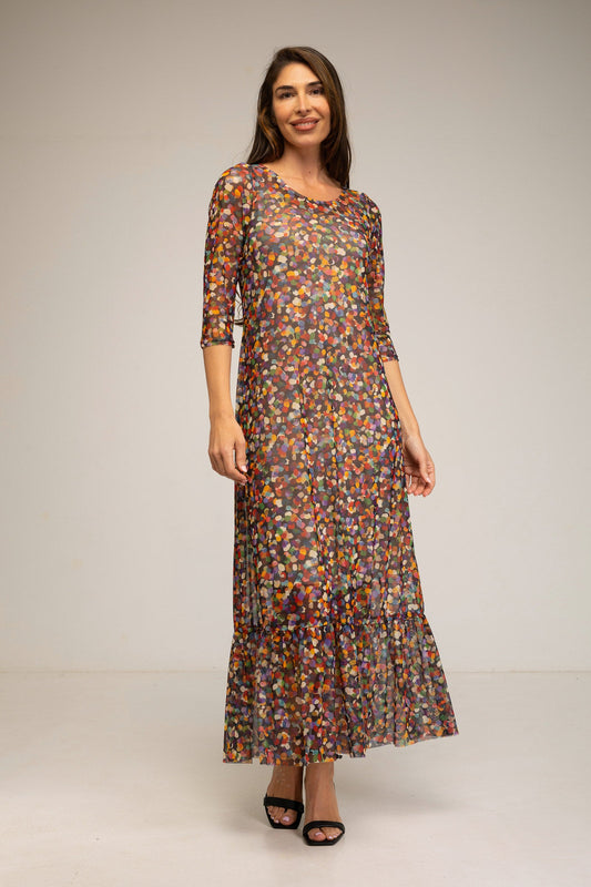 Vestido largo de tul con forro interior y estampado fondo oscuro