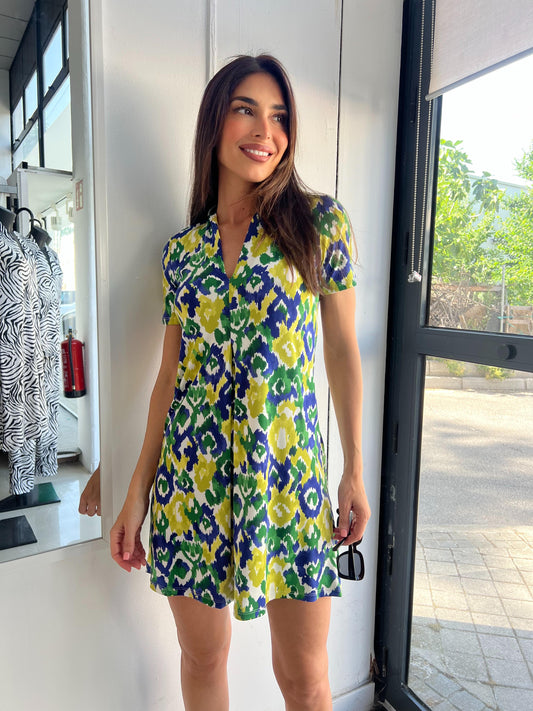 Vestido corto escote pico estampado verde/azul